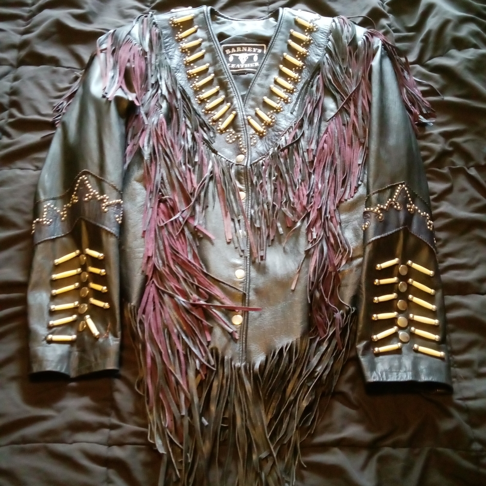 Barneys New York Leather Jacket Black and Purple Fringe